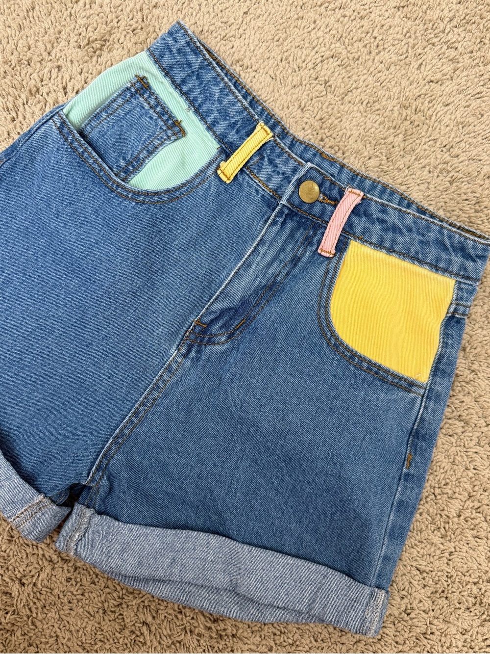 Princess Polly Blue Denim Shorts with Mint, Yellow & Pink Accents